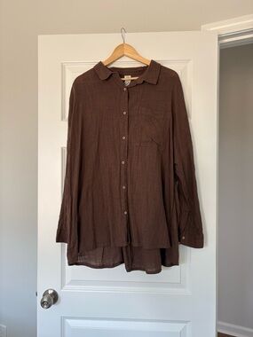 Cotton On Body Brown Long-Sleeve Button-Down Shirt Size XL